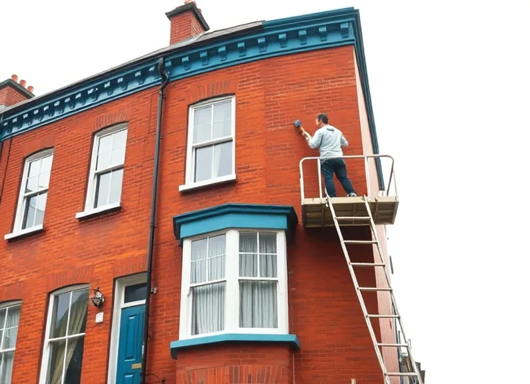 Peintre sur échafaudage traitant la façade d'une maison