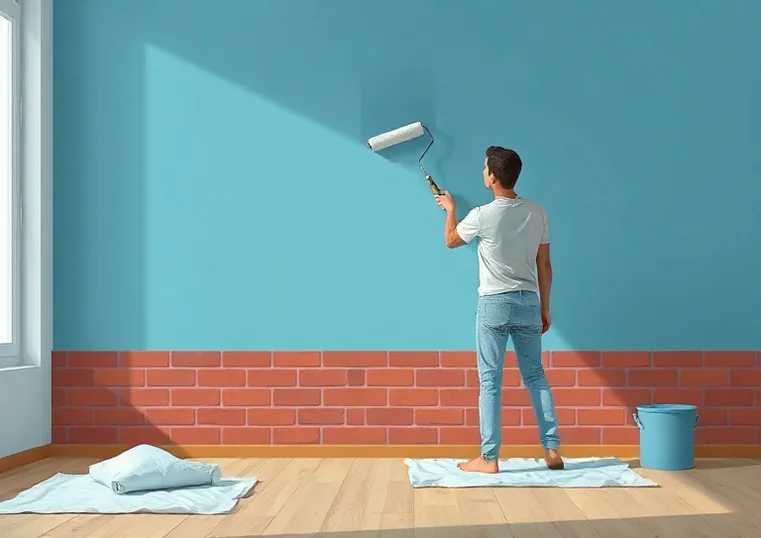 Peintre appliquant la peinture au rouleau sur un mur de salon